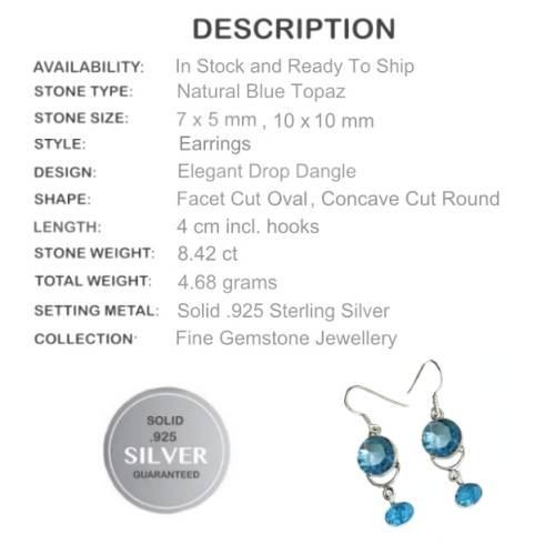 NATURAL SKY BLUE TOPAZ GEMSTONE SOLID .925 STERLING SILVER EARRINGS