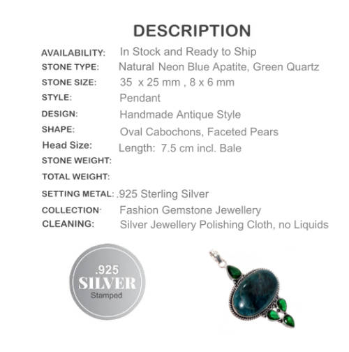 NATURAL NEON BLUE APATITE, EMERALD QUARTZ GEMSTONE .925 SILVER PENDANT