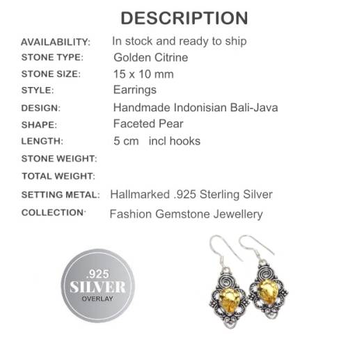 Handmade Faceted Citrine Gemstone .925  Silver Earrings