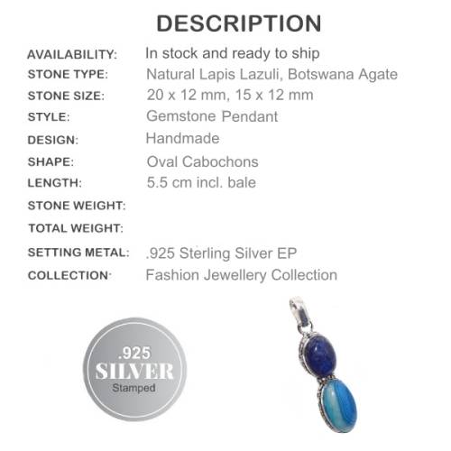 Natural Lapis Lazuli Gemstone .925 Silver Pendant