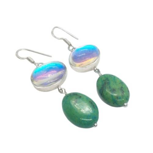 NATURAL CHRYSOCOLLA,, MADAGASCAR FIERY TOPAZ GEMSTONE  SOLID. 925 SILVER EARRINGS