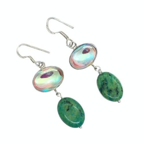 NATURAL CHRYSOCOLLA,, MADAGASCAR FIERY TOPAZ GEMSTONE  SOLID. 925 SILVER EARRINGS