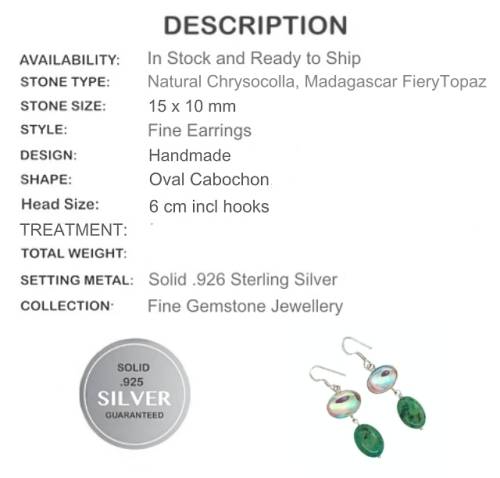 NATURAL CHRYSOCOLLA,, MADAGASCAR FIERY TOPAZ GEMSTONE  SOLID. 925 SILVER EARRINGS