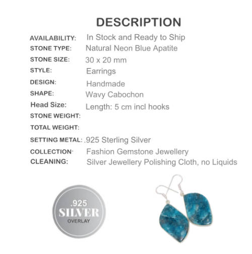 Natural Neon Blue Apatite Gemstone .925 Silver Earrings