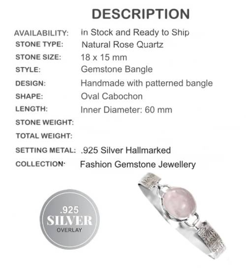 Natural Rose Quartz Gemstone .925 Silver Bangle