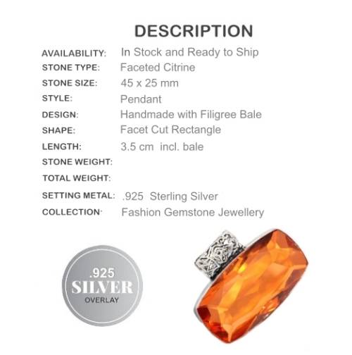 FACETED COGNAC CITRINE GEMSTONE FASHION PENDANT .925 STERLING  SILVER
