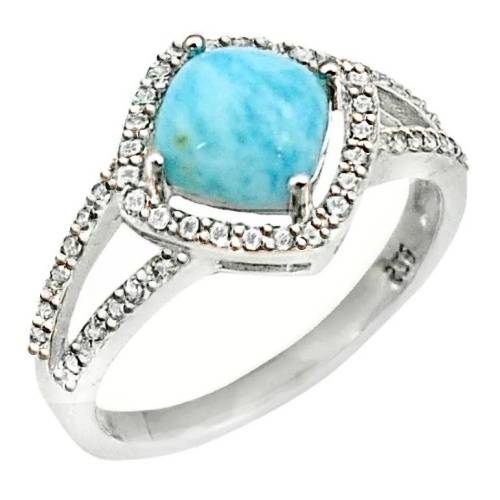 3.83 cts Natural Caribbean Blue Larimar, White Topaz .925 Sterling Silver Ring US 8