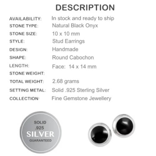 NATURAL BLACK ONYX GEMSTONE SOLID .925 STERLING SILVER STUD EARRINGS