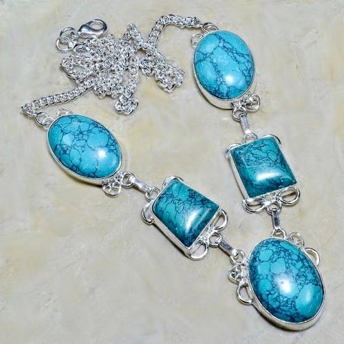 Spider Web Matrix Turquoise Gemstones set in Antique Style .925 Sterling Silver Plated  Necklace