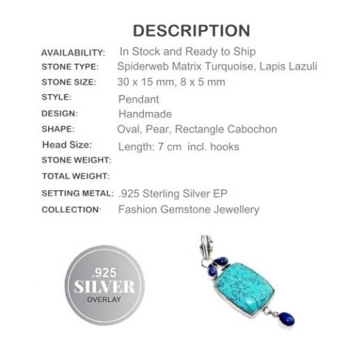 Spiderweb Matrix Turquoise, and Lapis Lazuli  Gemstone 925 Silver Pendant