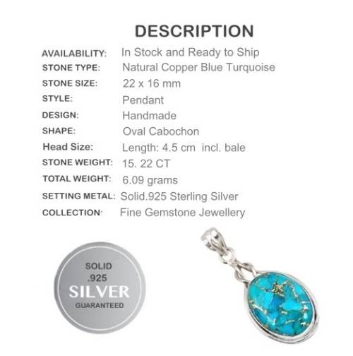 15.24 Ct Natural Copper Turquoise Gemstone Solid .925 Sterling Silver Pendant