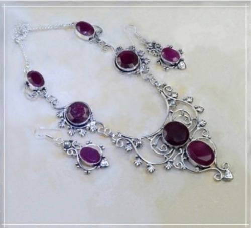 Indian Ruby Gemstone .925 Sterling Silver Necklace and Earrings Set