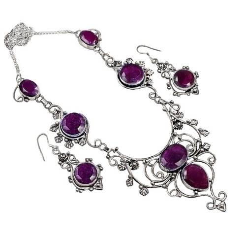 Indian Ruby Gemstone .925 Sterling Silver Necklace and Earrings Set