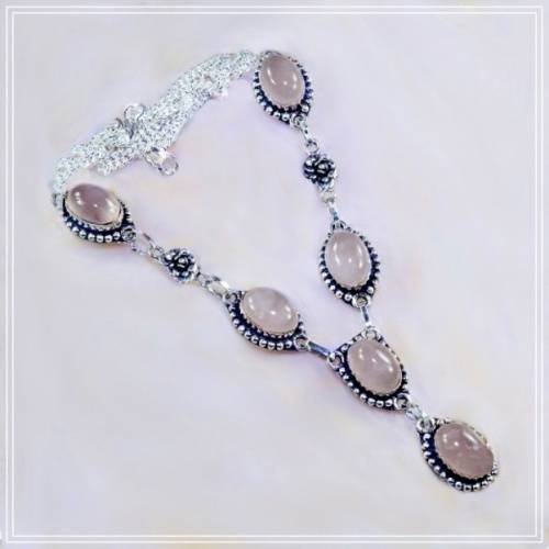 Natural Rose Quartz set in .925 Sterling Silver Plated Handmade Antique Style Rose Accent Necklace