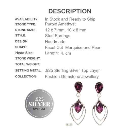 Modern Purple Amethyst Oval .925 Silver Stud Earrings