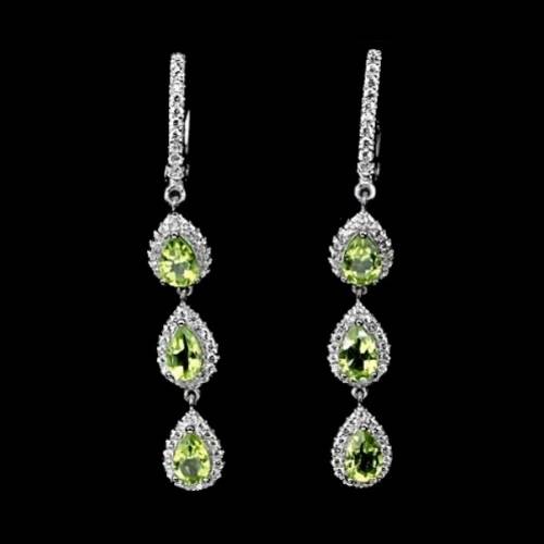 Natural Unheated Peridot, White CZ Gemstone Solid .925 Sterling Silver 14KW/Gold Earrings