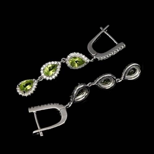 Natural Unheated Peridot, White CZ Gemstone Solid .925 Sterling Silver 14KW/Gold Earrings