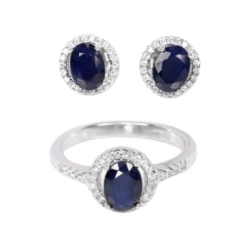 Genuine Blue Sapphire, White Cubic Zirconia Solid .925 Sterling Silver Stud Earrings
