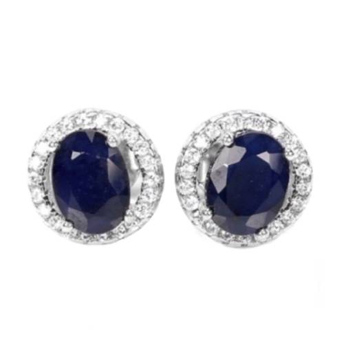 Genuine Blue Sapphire, White Cubic Zirconia Solid .925 Sterling Silver Stud Earrings