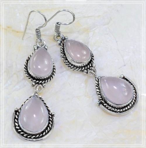 Natural Pink Rose Quartz Pear Gemstones .925 Sterling Silver Plated Drop Dangle Earrings