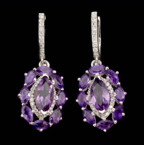 Natural Unheated Purple Amethyst & White Cubic Gemstone Solid .925 Sterling Silver Set