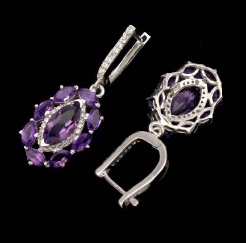 Natural Unheated Purple Amethyst & White Cubic Gemstone Solid .925 Sterling Silver Set