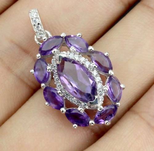 Natural Unheated Purple Amethyst & White Cubic Gemstone Solid .925 Sterling Silver Set