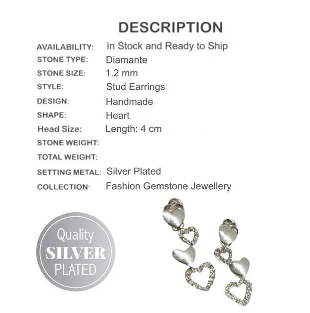 Long Dangle Heart Shapes White Cubic Zirconia Silver Plated Stud Earrings