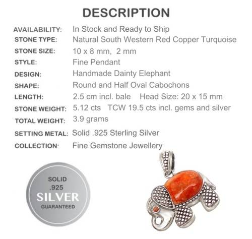 Natural South Western Arizona  Red Copper Turquoise in Solid .925 Sterling Silver Pendant