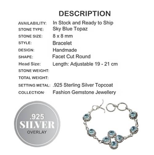 Handmade Stunning Blue Topaz  Gemstone.925 Silver Bracelet