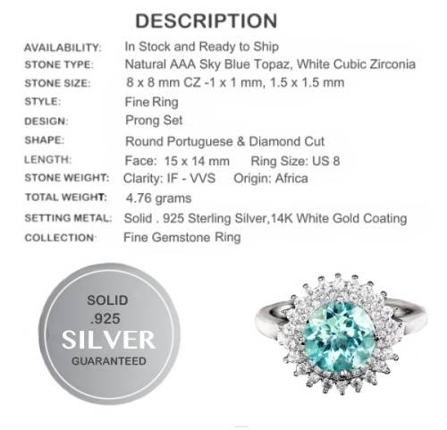 Deluxe Natural Sky Blue Topaz, White Cubic Zirconia Gemstone in Solid .925 Sterling Silver Size 8/ Q