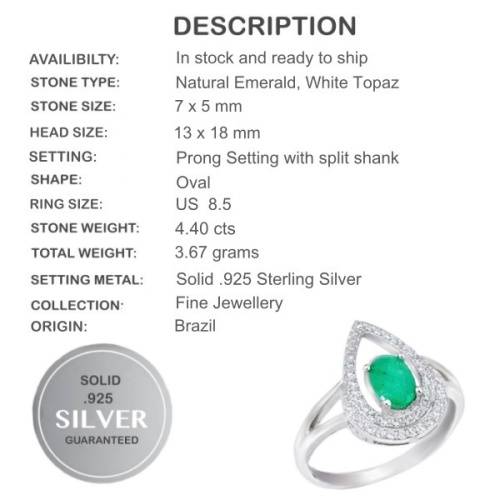 4.40 cts Natural Brazilian Emerald, White Topaz Solid .925 Sterling Silver Size 8.5 or Q 1/2
