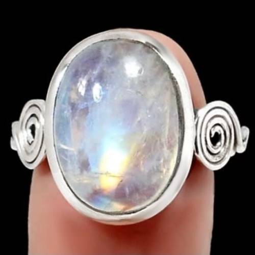 Natural Rainbow Moonstone Oval Gemstone set in Solid .925 Sterling Silver Ring Size US 8 or Q