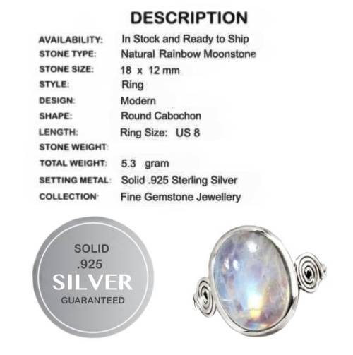 Natural Rainbow Moonstone Oval Gemstone set in Solid .925 Sterling Silver Ring Size US 8 or Q