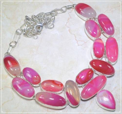 Natural Pink Botswana Agate Mixed Shape Gemstones in .925 Sterling Silver Plated  Handmade Necklace