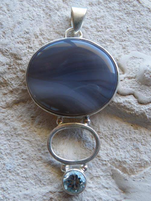 Natural Blue Botswana Agate and Blue Topaz Gemstone in Solid 925 Silver Pendant