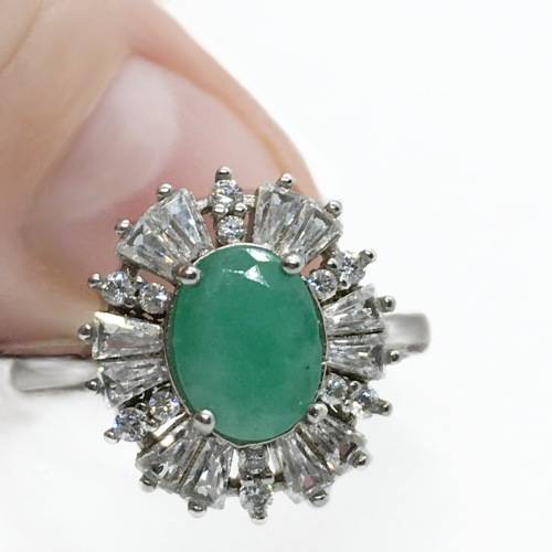 Breathtaking Natural Zambian Emerald, Cubic Zirconia Solid .925 Silver 14K White Gold Ring Size 7/O