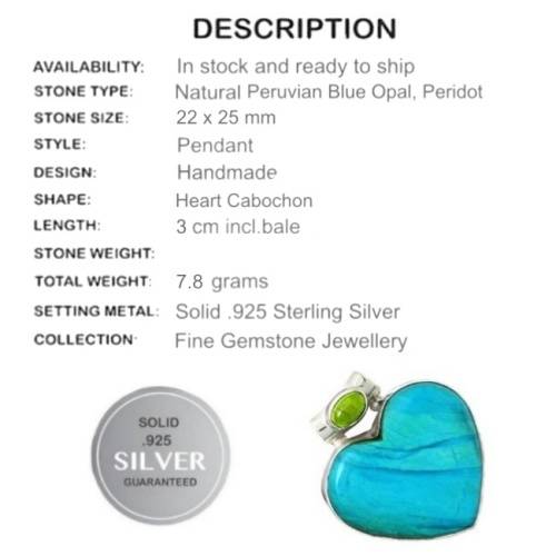 Very scarce - Genuine Peruvian Blue Opal, Peridot Gemstone Solid .925 Sterling Silver Pendant