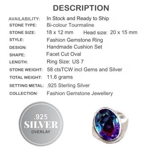 Bi -Colour Tourmaline Gemstone Ring .925 Sterling Silver Size 7