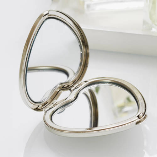 Compact Silver Handbag Makeup Mirror Heart Shape with Normal and Magnified View