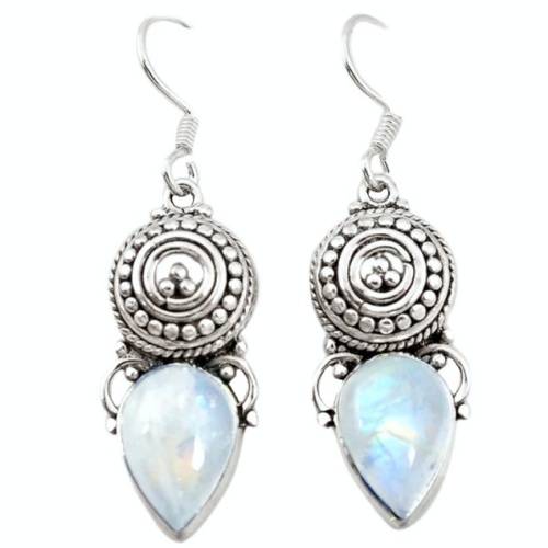 8.27 cts Natural Rainbow Moonstone Pear Shape Gemstone set in Solid .925 Sterling Silver Earrings