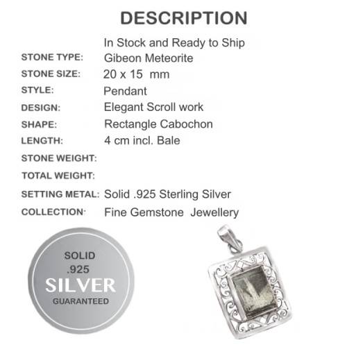 Rare Gibeon Meteorite Rectangle set in Solid .925 Solid Sterling Silver with Scroll Border Pendant