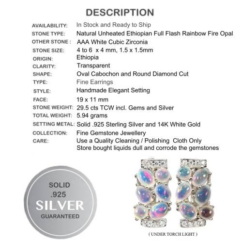Natural Unheated Rainbow White Fire Opal & White Cubic Z Solid .925 Silver 14K White Gold Earrings