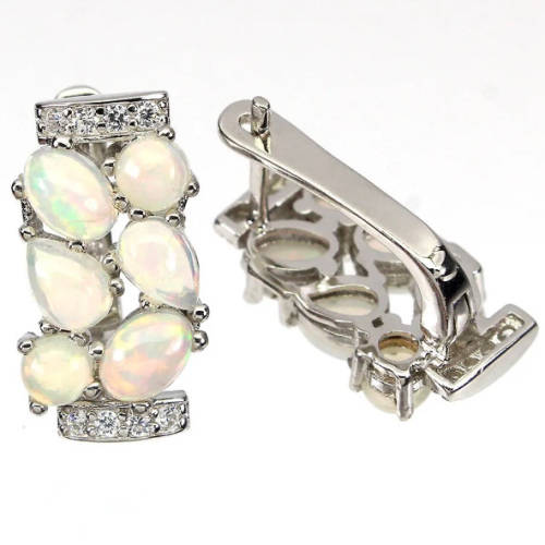 Natural Unheated Rainbow White Fire Opal & White Cubic Z Solid .925 Silver 14K White Gold Earrings