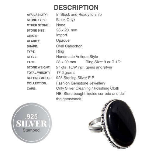 Black Onyx Oval Gemstone set in .925 Sterling Silver Plated Handmade Ring Size US 9 / R 1/2