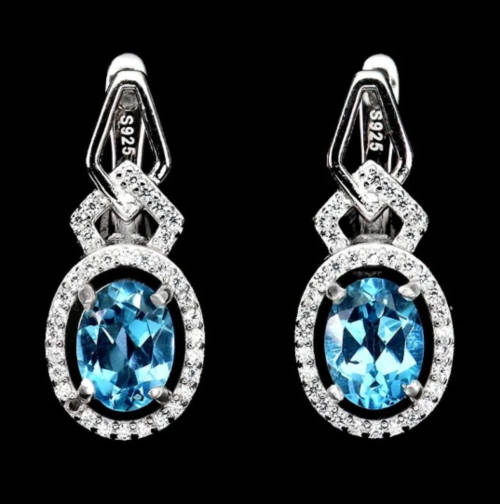 Natural Swiss Blue Topaz White Cubic Zirconia Gemstone Solid .925 Silver 14K White Gold Necklace