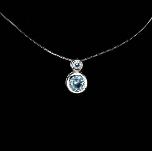 Dainty Natural Sky Blue Topaz Gemstone set in  Solid .925 Sterling Silver 14K White Gold Necklace