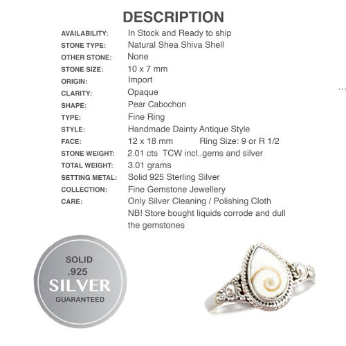 Incredible Natural Shea Shiva Shell Solid. 925 Sterling Silver Ring Size 9 or R 1/2