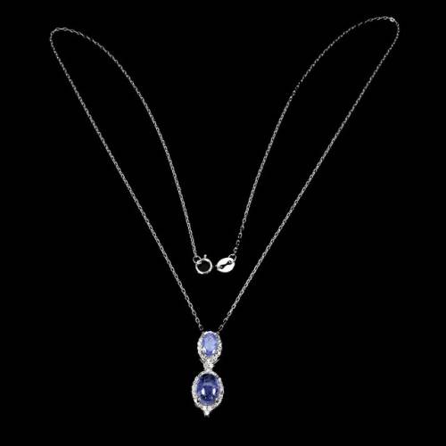 Deluxe Natural Unheated Tanzanite and White CZ Gemstone Solid .925 Silver & White Gold Necklace