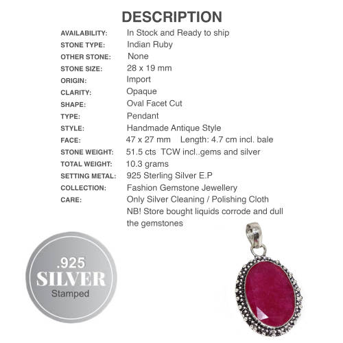 Handmade Indian Cherry Ruby Gemstone .925 Sterling Silver Pendant